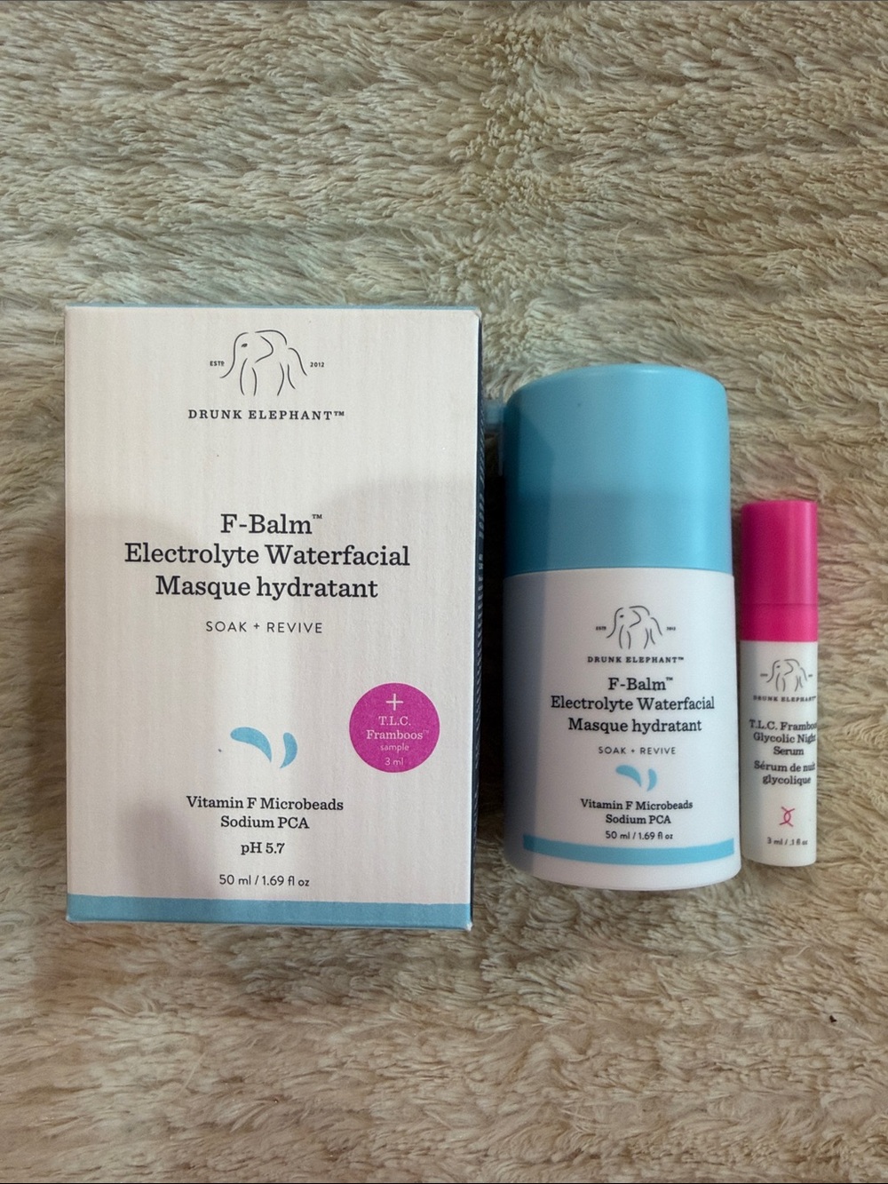 Drunk Elephant F-Balm Electrolyte Waterfacial — Blue, White & Pink Packaging